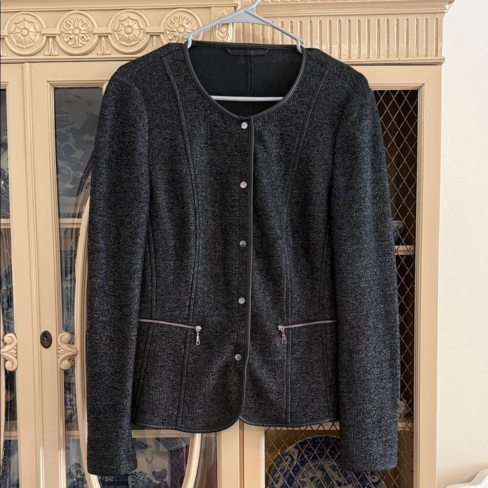 Basler Charcoal Collarless Tweed Jacket with Zip Pockets